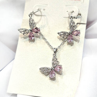 نیم ست دخترانه پروانه سوارسکی نگین صورتی