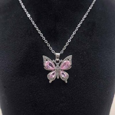 گردنبند پروانه نگین صورتی سوارسکی کد147