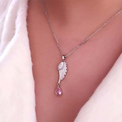 گردنبند بال فرشته نگین صورتی کد84
