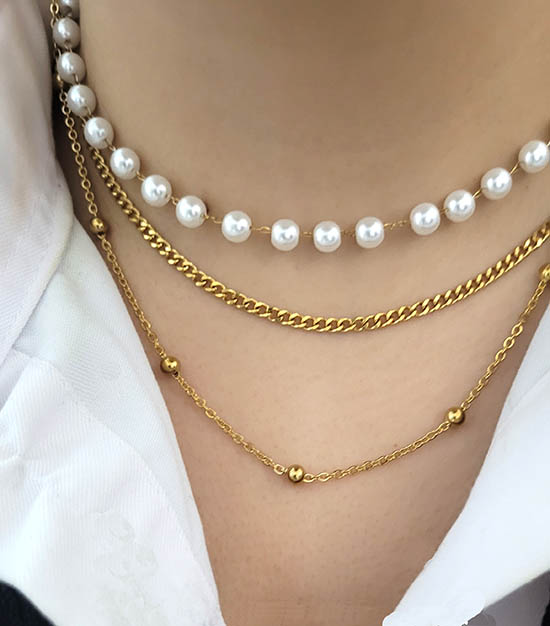 ست دستبند گردنبند سه لاین مروارید استیل