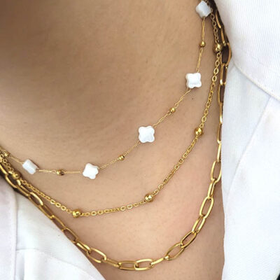 ست دستبند گردنبند سه لاین ونکلیف سنگی استیل