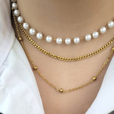 ست دستبند گردنبند سه لاین مروارید استیل